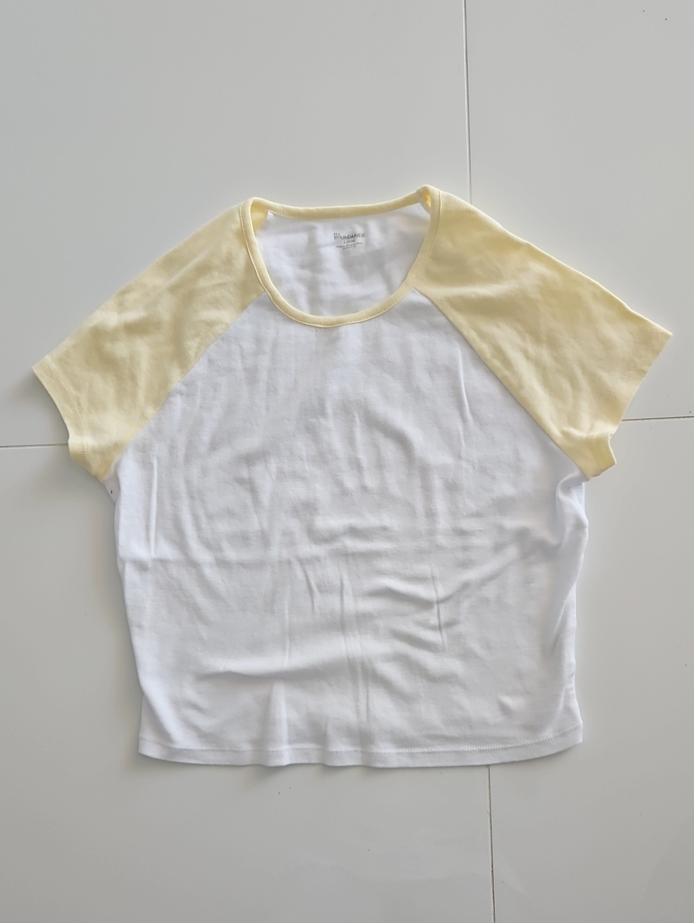 No Boundaries White Tee with Pale Yellow Raglan Sleeves